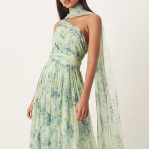 Lace & Beads One Shoulder Tulle Maxi Dress in Light Sage Floral with Scarf NWT